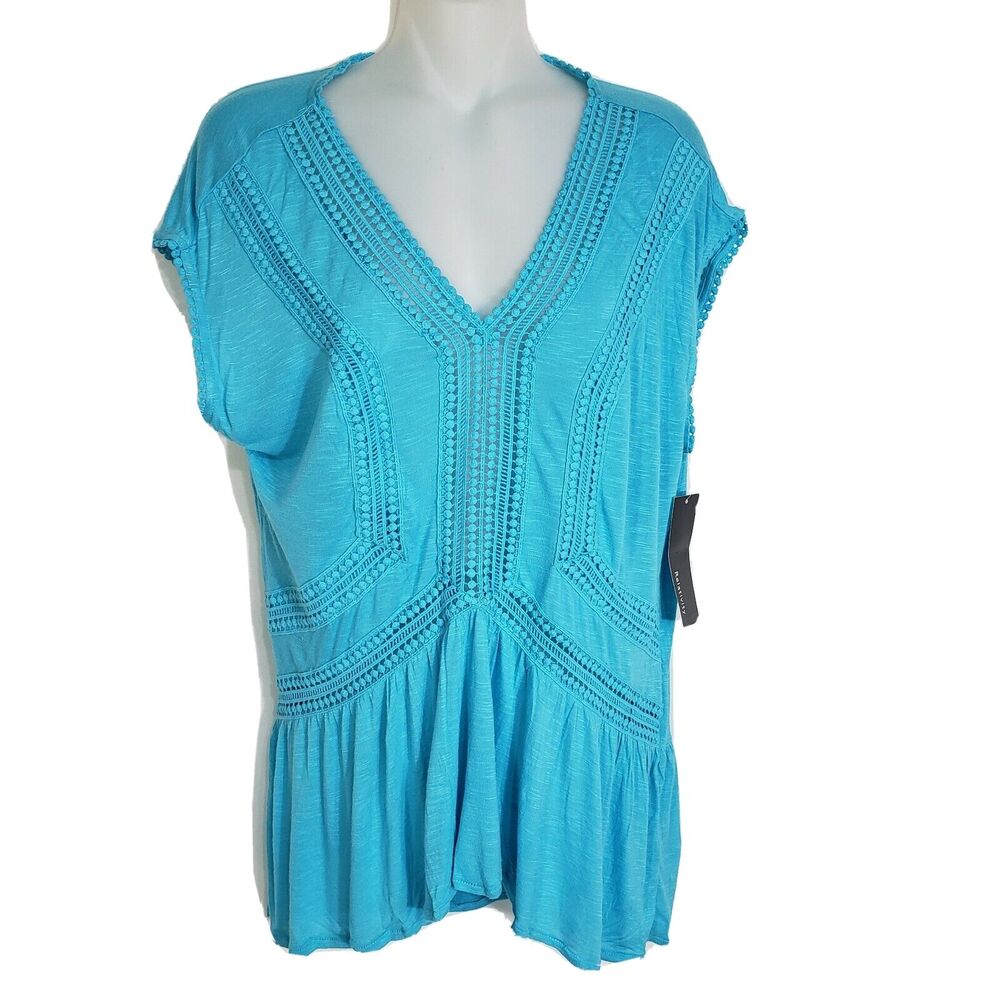 Relativity Womens Top Medium Teal V Neck Cap Sleeves High Low Peplum Crochet
